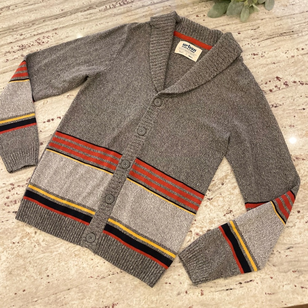 Urban Pipeline Gray Cardigan with Red and Yellow Stripes